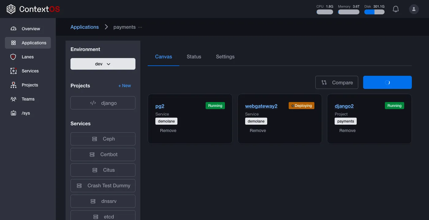 ContextOS applications view showing a sample application deploying